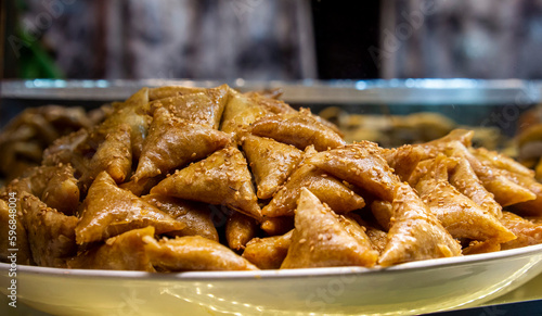 A plate of Morocco popular pastry briouats from Marrakesh local market.