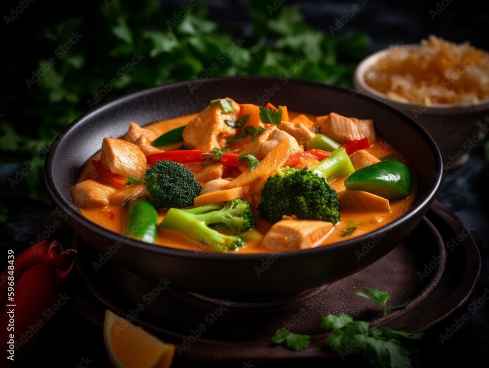 red curry with chunks of chicken and vegetables in a bowl