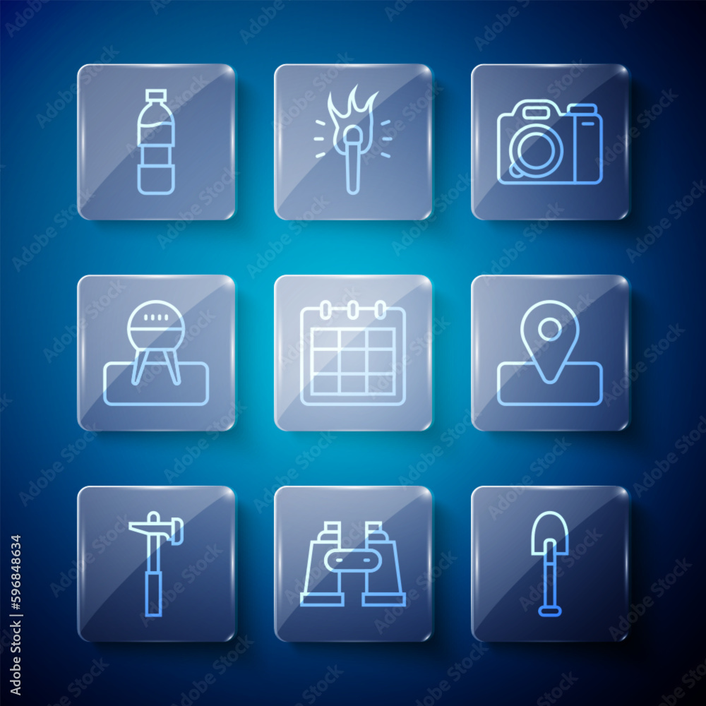 Set line Hammer, Binoculars, Shovel, Photo camera, Calendar, Barbecue grill, Bottle of water and Location for camping icon. Vector Set line Hammer, Binoculars, Shovel, Photo camera, Calendar, Barbecue grill, Bottle of water and Location for camping icon. Vector