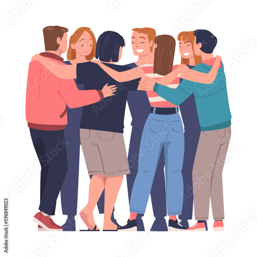 Group of young men and women standing together and hugging. Friendship, collaboration and team spirit vector illustration