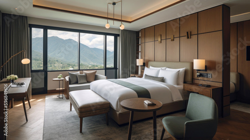 Splendid hotel, nestled amidst a picturesque landscape, offering breathtaking views of the surrounding mountains and lush forests. Interior with window view. Generative AI