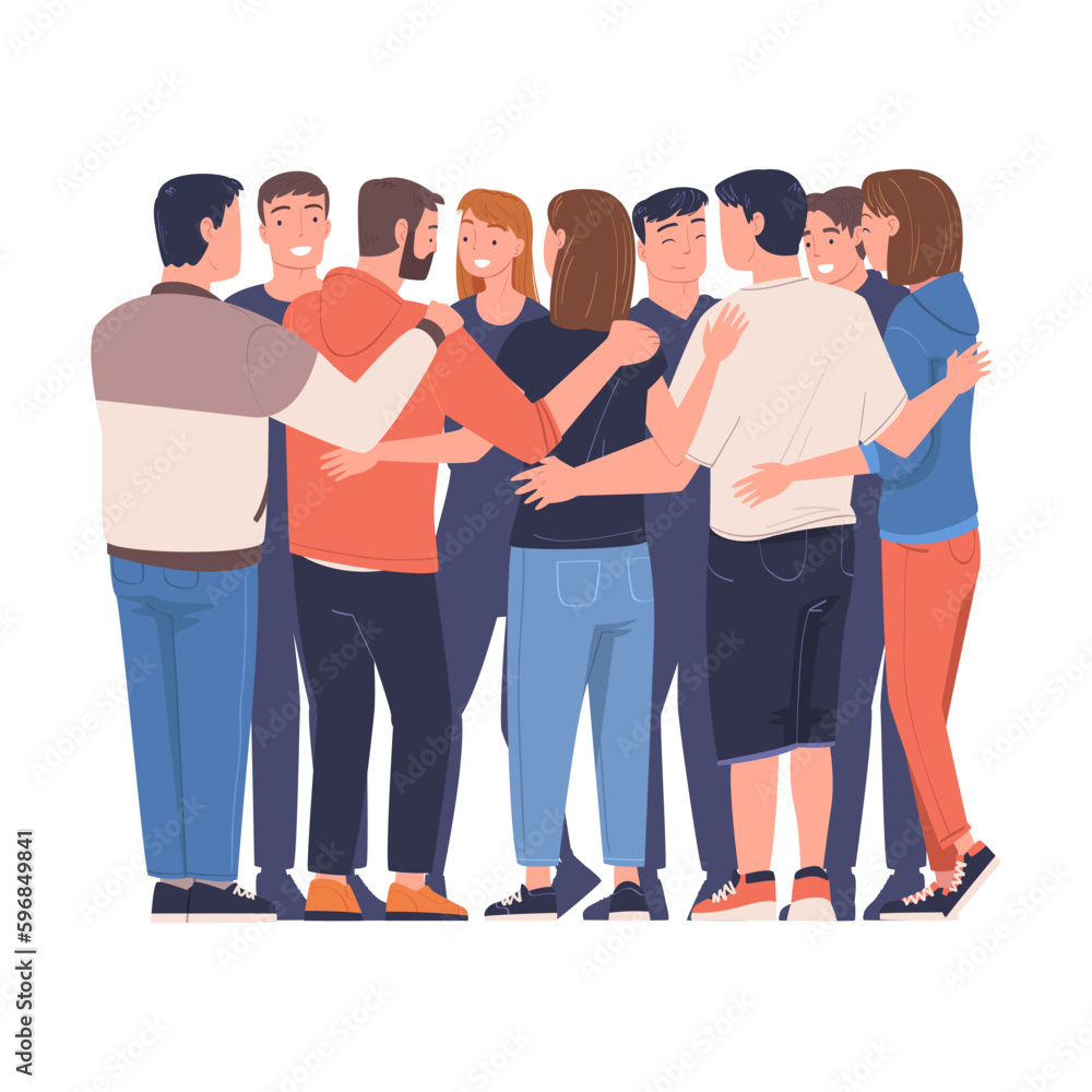 Team of people standing together and hugging. Friendship, team spirit, trust and support concept vector illustration Team of people standing together and hugging. Friendship, team spirit, trust and support concept vector illustration