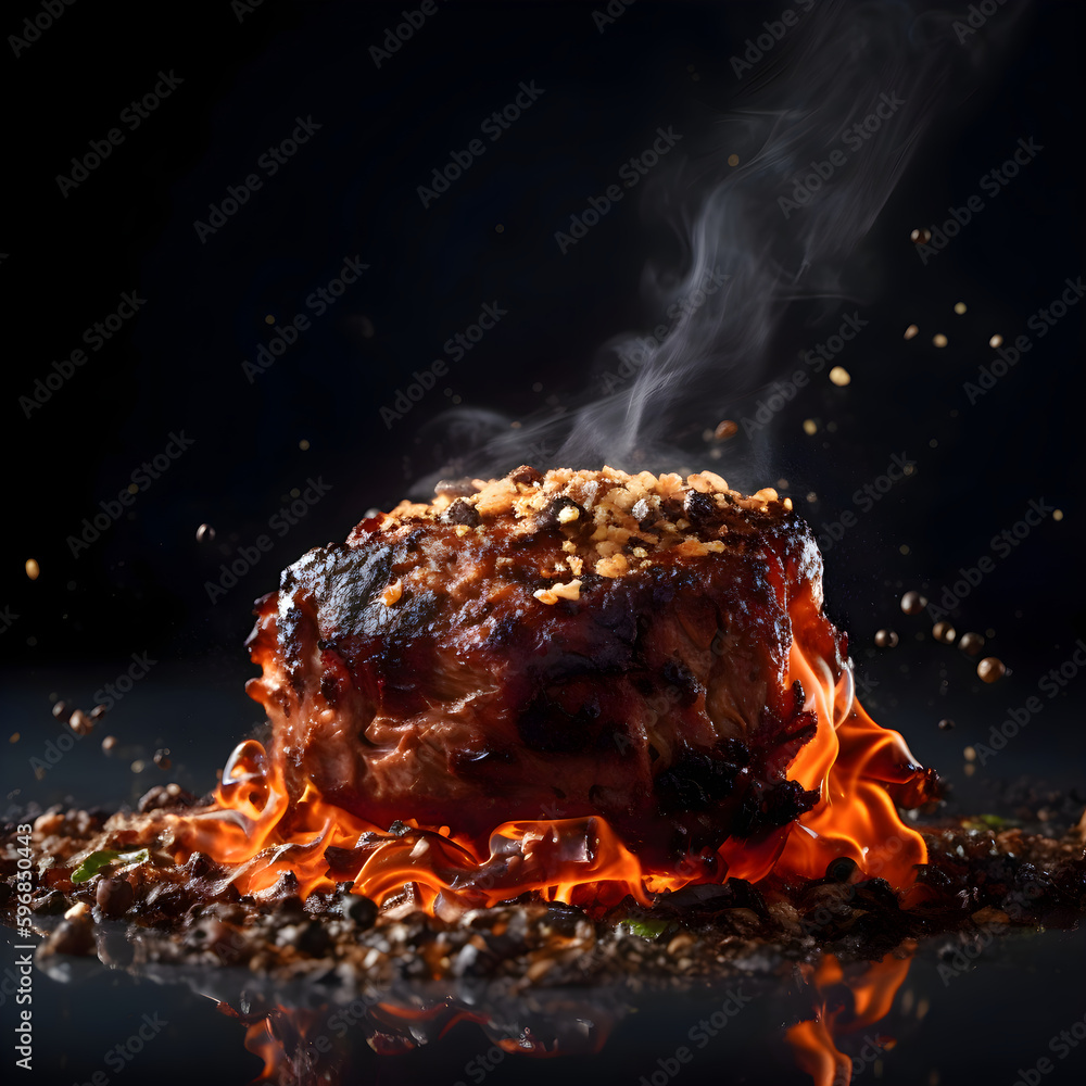 Grilled pork knuckle with garlic and spices on a black background - obrazy, fototapety, plakaty 