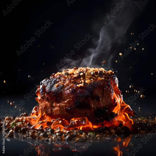 Grilled pork knuckle with garlic and spices on a black background photo