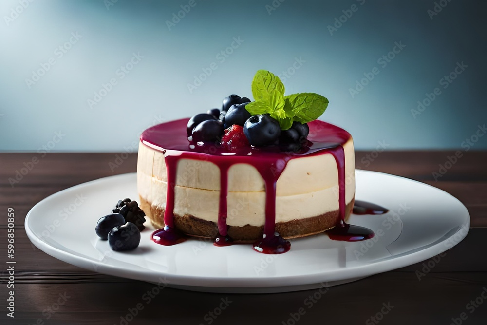 Dessert - Cheesecake with Berries Sauce and Green Mint. Created with Generative AI technology Dessert - Cheesecake with Berries Sauce and Green Mint. Created with Generative AI technology