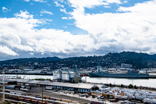 Industrial City Skyline Along Willamette River in Portland, OR