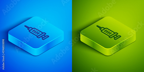 Isometric line Addiction to the drug icon isolated on blue and green background. Heroin, narcotic, addiction, illegal. Sick junkie with a syringe and medical pills. Square button. Vector