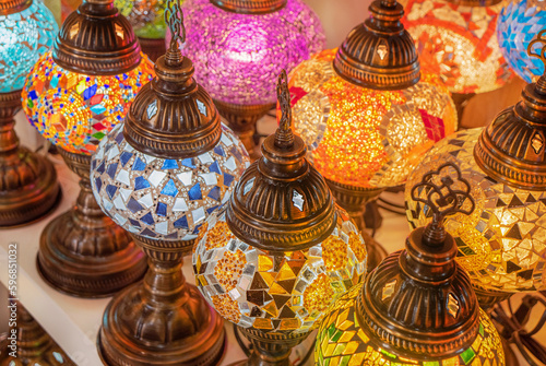Canvas Print Multi-colored, bright lamps made of glass close-up to illuminate the home's rooms
