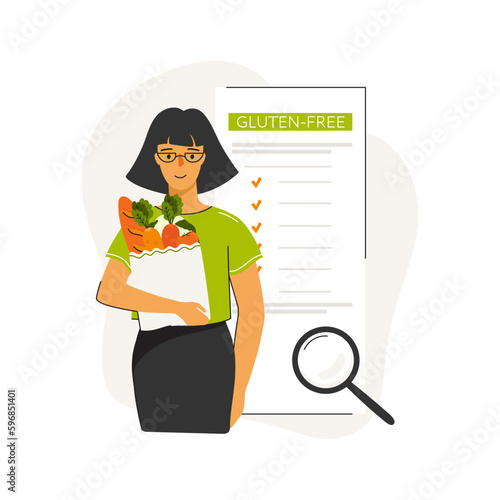 A woman is holding a bag of vegetables. Searching gluten free food. Gluten free alternatives. Concept of healthy eating, personal diet. Can be used for social media banner, web page, flyer and other.