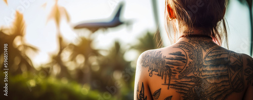 Beautiful woman watches airplane take off while topless on vacation, symbolizing travel, freedom and the joy of being on holiday. Generative AI