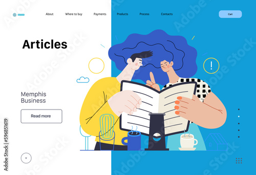 Memphis business illustration. Articles -modern flat vector concept illustration of people reading articles. Corporate business education metaphor.