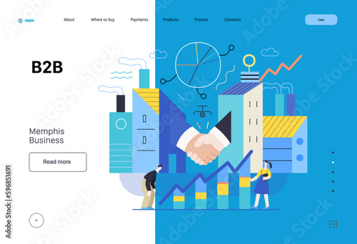 Memphis business illustration. B2B -modern flat vector concept illustration of handshaking partners, industrial buildings and chart with managers. Corporate business partnership metaphor.