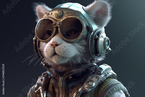 Cat-astrophic: Fighter Pilot Cat in 50s Fashion and Atompunk Setting Takes to the Skies. Generative AI photo