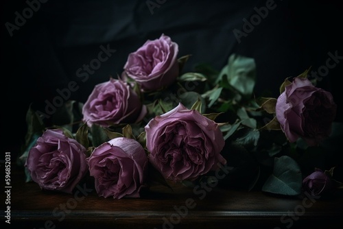 A bunch of purple roses with leaves and a stem on a black tabletop. Generative AI