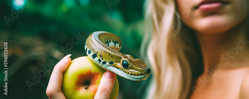 Foto In this image, a snake tries to tempt Eve in the Garden of Eden with an apple