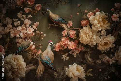 A retro picture of blossoms and fowls made from 18th century artworks in the Smithsonian archive. Generative AI photo