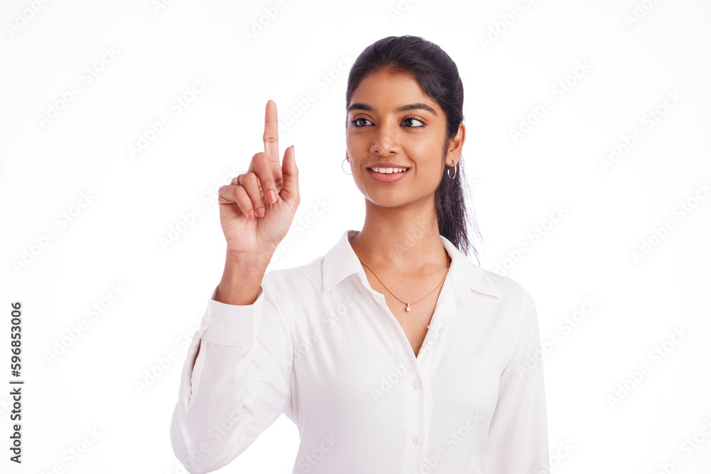 Business woman touch screen isolated on white. Business woman touch screen isolated on white.