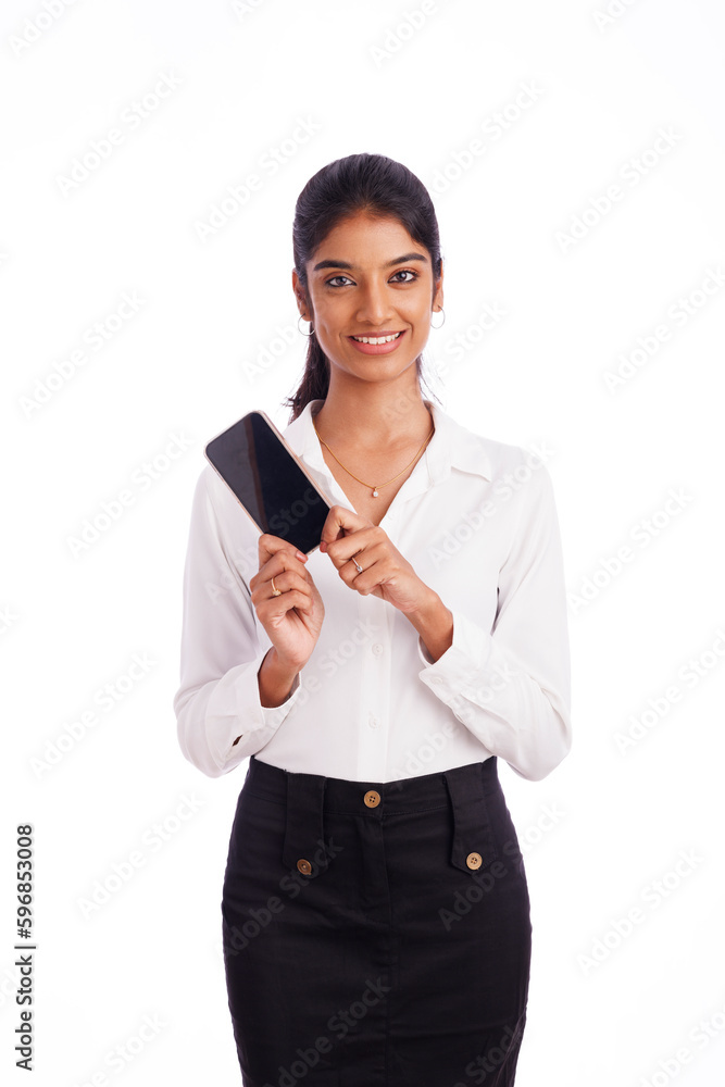 Young business woman posing with smartphone isolated on white. Young business woman posing with smartphone isolated on white.