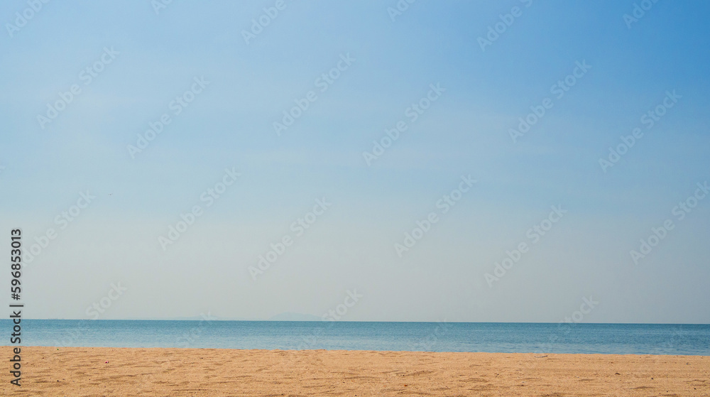 Obraz premium Panoramal front view landscape Blue sea blue beach brown background morning day look calm summer Nature tropical sea Beautiful sea water travel 