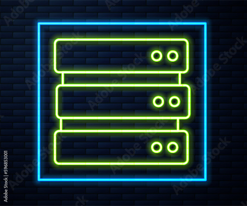 Glowing neon line Server, Data, Web Hosting icon isolated on brick wall background. Vector