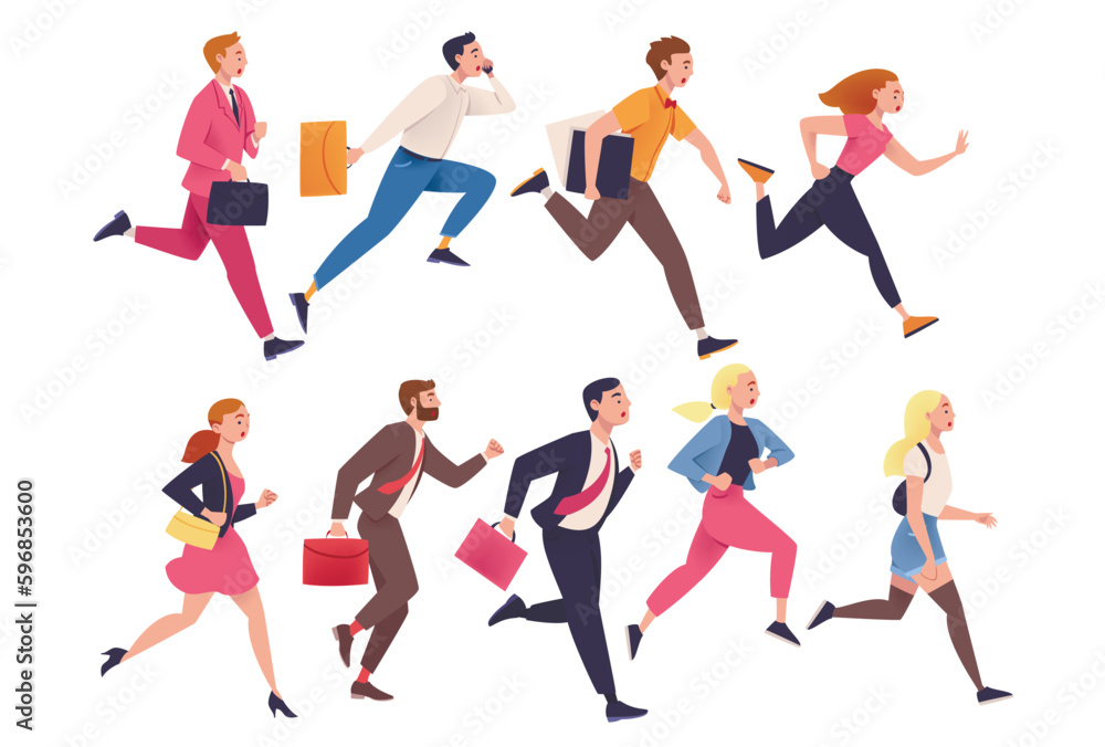 People Character Hurrying Running Fast Feeling Panic of Being Late Vector Illustration Set