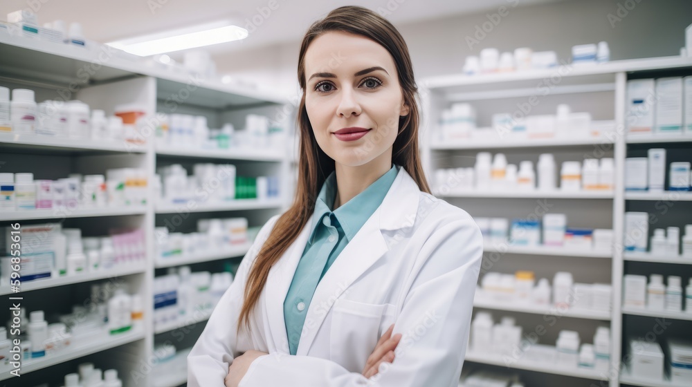 Portrait of a Female Pharmacist in a Drug Store. Generative AI.