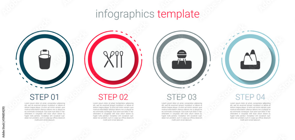 Set Bucket, Match stick, Barbecue grill and Mountains. Business infographic template. Vector Set Bucket, Match stick, Barbecue grill and Mountains. Business infographic template. Vector