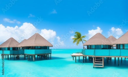 Overwater villas on tropical atoll island for holidays vacation travel and honeymoon. Turquoise sea water. (Generative AI)