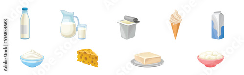 Dairy Products with Milk Jug, Bottle, Ice Cream and Carton Vector Set