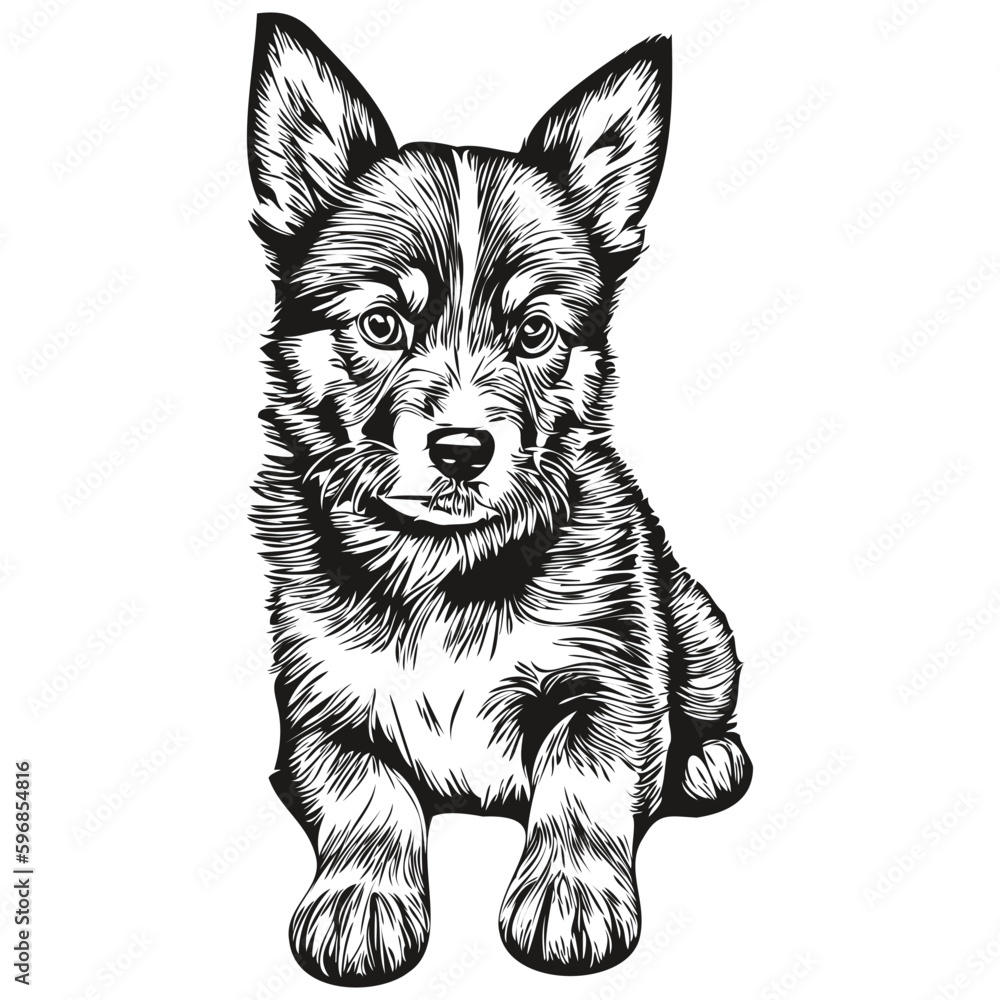 puppy logo, black and white illustration hand drawing puppies