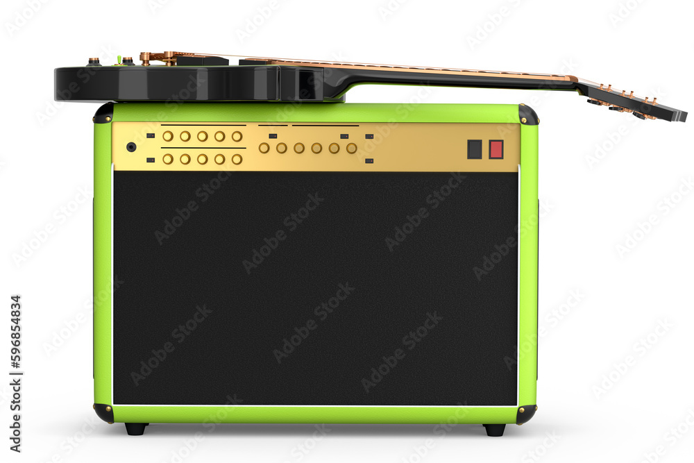 Classical amplifier with acoustic guitar isolated on white background. Classical amplifier with acoustic guitar isolated on white background.
