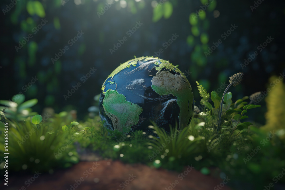 Glass globe sitting on lush green mossy surface, symbolizing environmentalism and conservation for World Environment Day. Sustainable future concept with nature, earth, and technology in harmony. Glass globe sitting on lush green mossy surface, symbolizing environmentalism and conservation for World Environment Day. Sustainable future concept with nature, earth, and technology in harmony.