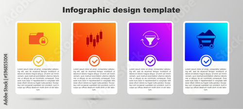 Set Folder and lock, Browser with stocks market, Sales funnel chart and Coal mine trolley. Business infographic template. Vector