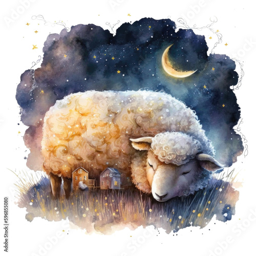 Cute watercolor night sheep. Illustration AI Generative.