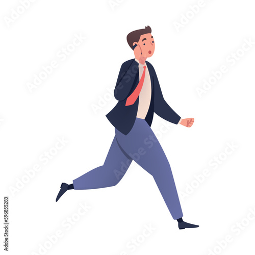 Man Character Hurrying Speaking by Phone Running Fast Feeling Panic of Being Late Vector Illustration