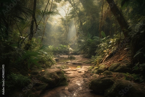 Jungle painting with greenery, stream, and dirt path in foreground. Generative AI