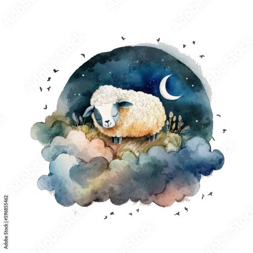 Night cute watercolor sheep. Illustration AI Generative.