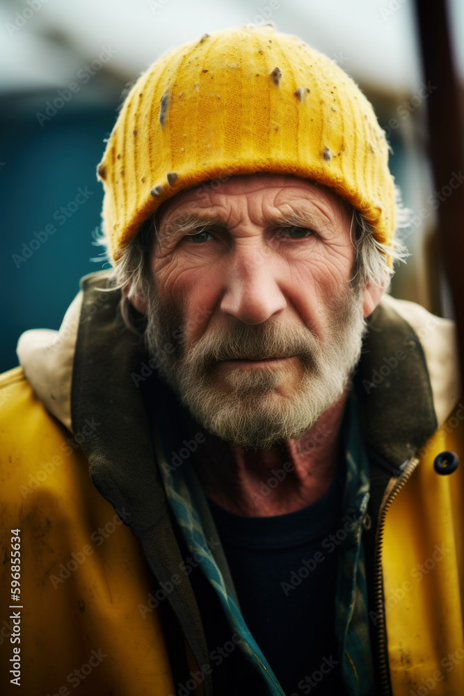 Norwegian fisherman, 60, in yellow raincoat and hat, stands on fishing boat deck, braving the elements with steadfast resilience, sea life story unfolds. Generative AI Norwegian fisherman, 60, in yellow raincoat and hat, stands on fishing boat deck, braving the elements with steadfast resilience, sea life story unfolds. Generative AI