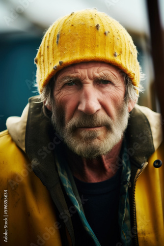 Norwegian fisherman, 60, in yellow raincoat and hat, stands on fishing boat deck, braving the elements with steadfast resilience, sea life story unfolds. Generative AI