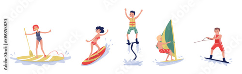 People Characters Engaged in Water Summertime Sport Vector Illustration Set