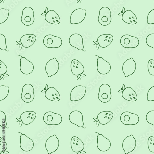 Seamless pattern of cartoon icons of avocado, strawberry, pear and lemon on a light green background