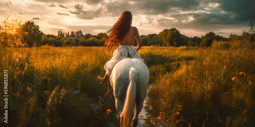 Topless woman riding her horse in a wild meadow at sunset. Gives a feeling of escape and wilderness. Generative AI © XaMaps