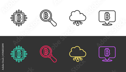 Set line CPU mining farm, Magnifying glass with Bitcoin, Cryptocurrency cloud and on black and white. Vector