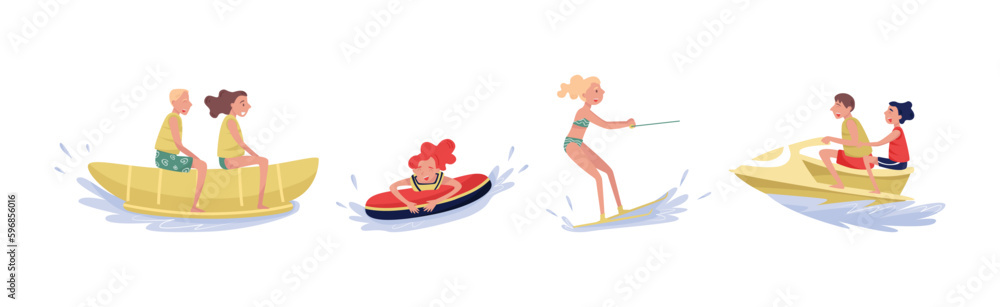 People Characters Engaged in Water Summertime Sport Vector Illustration Set