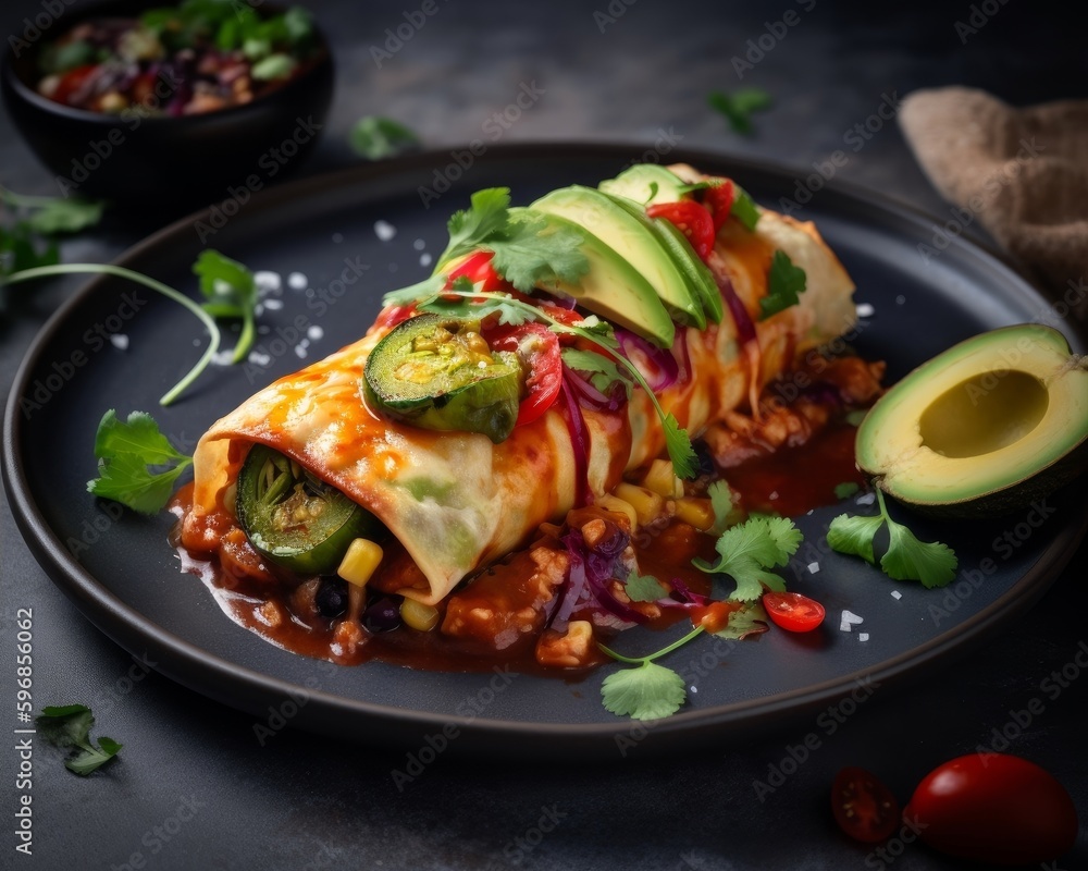 vegetarian enchiladas with roasted vegetables and avocado slices on top vegetarian enchiladas with roasted vegetables and avocado slices on top