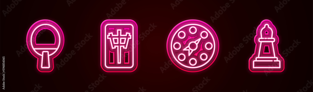 Fototapeta premium Set line Racket, Mahjong pieces, Twister game and Chess. Glowing neon icon. Vector