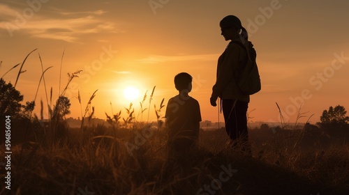 A woman and a child stand in a field at sunset, generative AI