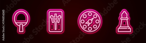Set line Racket, Mahjong pieces, Twister game and Chess. Glowing neon icon. Vector