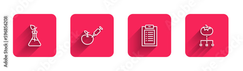 Set line Plant breeding, Genetically modified apple, Clinical record and food with long shadow. Red square button. Vector