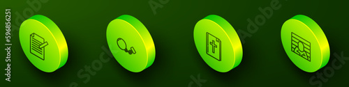 Set Isometric line Document and pen, Ball on chain, Holy bible book and Prisoner icon. Vector